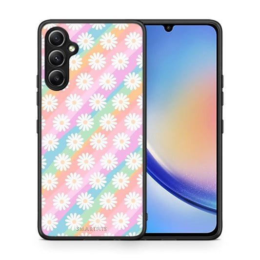 Θήκη Samsung Galaxy A34 White Daisies από τη Smartfits με σχέδιο στο πίσω μέρος και μαύρο περίβλημα | Samsung Galaxy A34 White Daisies Case with Colorful Back and Black Bezels