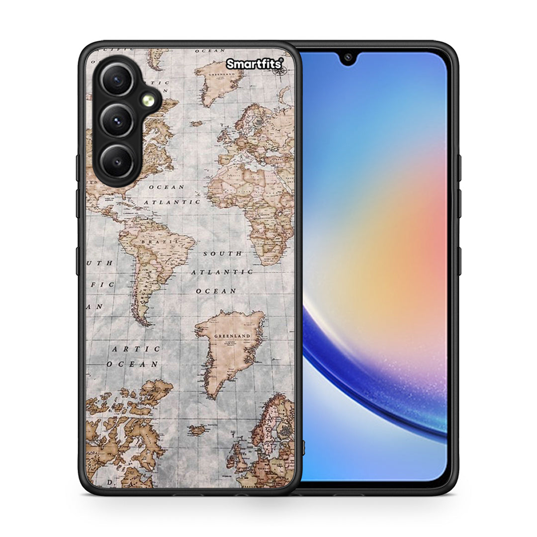 Θήκη Samsung Galaxy A34 World Map από τη Smartfits με σχέδιο στο πίσω μέρος και μαύρο περίβλημα | Samsung Galaxy A34 World Map Case with Colorful Back and Black Bezels