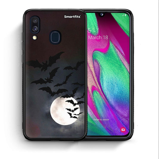 Θήκη Samsung A40 Halloween Bat Night από τη Smartfits με σχέδιο στο πίσω μέρος και μαύρο περίβλημα | Samsung A40 Halloween Bat Night case with colorful back and black bezels