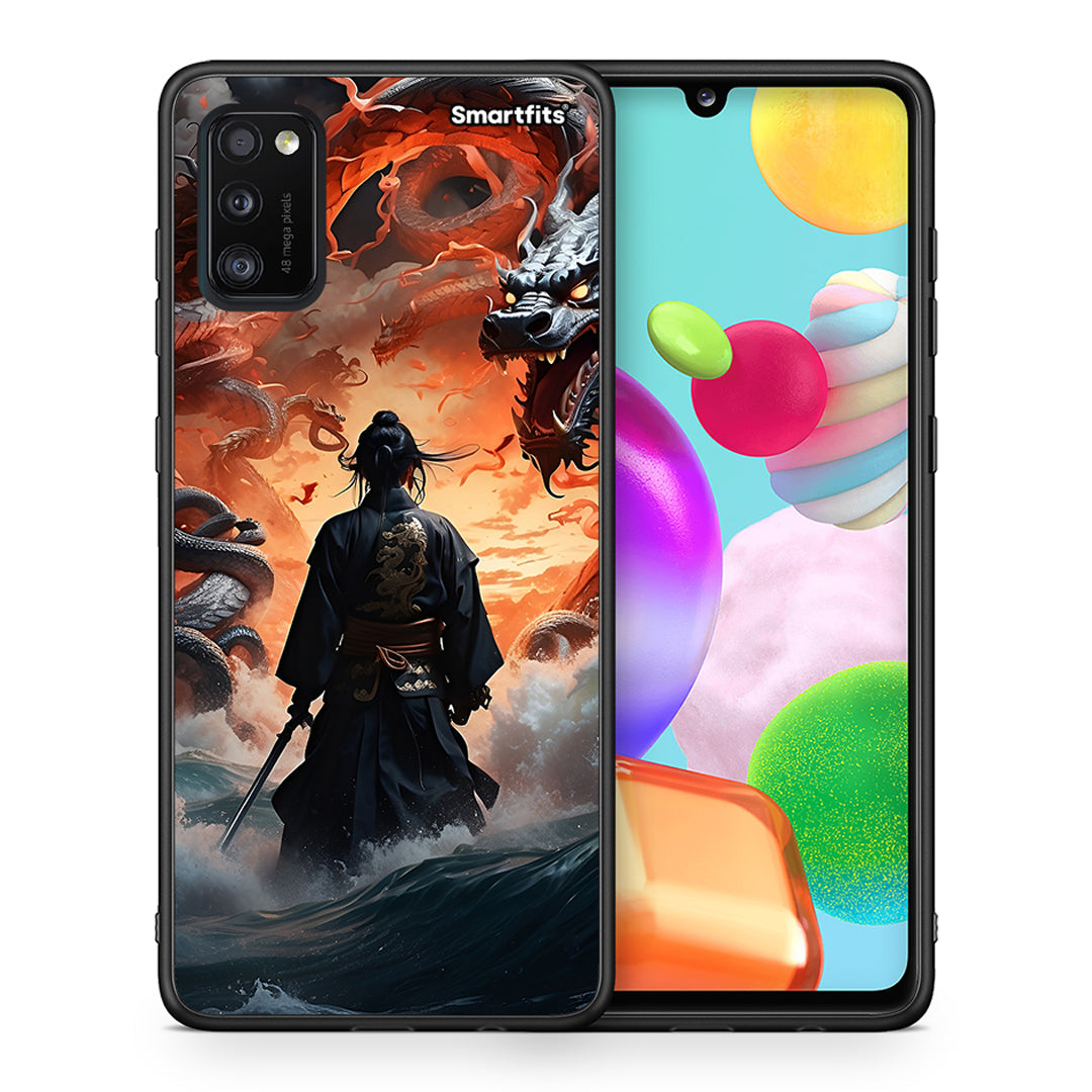 Θήκη Samsung A41 Dragons Fight από τη Smartfits με σχέδιο στο πίσω μέρος και μαύρο περίβλημα | Samsung A41 Dragons Fight case with colorful back and black bezels