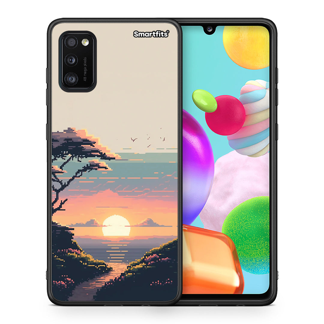 Θήκη Samsung A41 Pixel Sunset από τη Smartfits με σχέδιο στο πίσω μέρος και μαύρο περίβλημα | Samsung A41 Pixel Sunset case with colorful back and black bezels