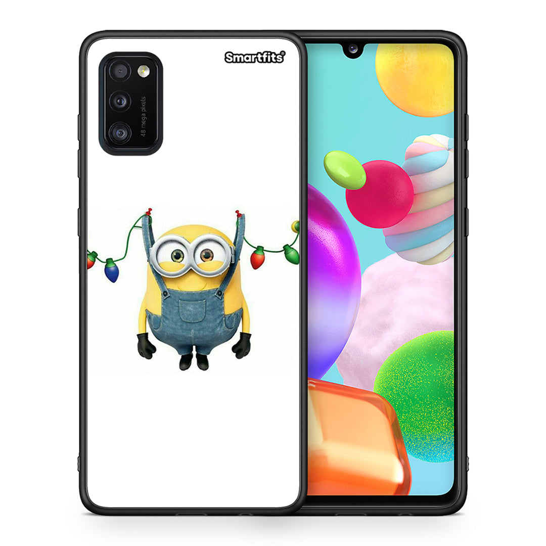 Θήκη Samsung A41 Xmas Minion Lights από τη Smartfits με σχέδιο στο πίσω μέρος και μαύρο περίβλημα | Samsung A41 Xmas Minion Lights case with colorful back and black bezels