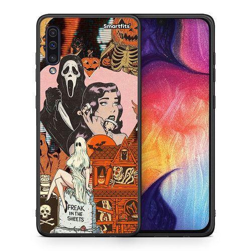 Θήκη Samsung A50 / A30s Halloween Collage από τη Smartfits με σχέδιο στο πίσω μέρος και μαύρο περίβλημα | Samsung A50 / A30s Halloween Collage case with colorful back and black bezels