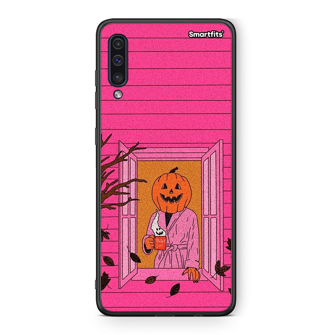 samsung a50 Halloween Pumpkin Lady Θήκη από τη Smartfits με σχέδιο στο πίσω μέρος και μαύρο περίβλημα | Smartphone case with colorful back and black bezels by Smartfits