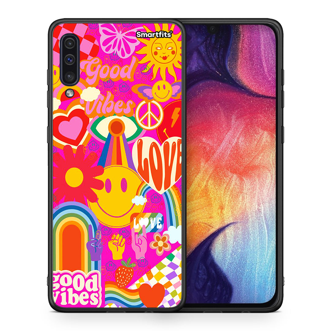 Θήκη Samsung A50/A30s Hippie Love από τη Smartfits με σχέδιο στο πίσω μέρος και μαύρο περίβλημα | Samsung A50/A30s Hippie Love case with colorful back and black bezels