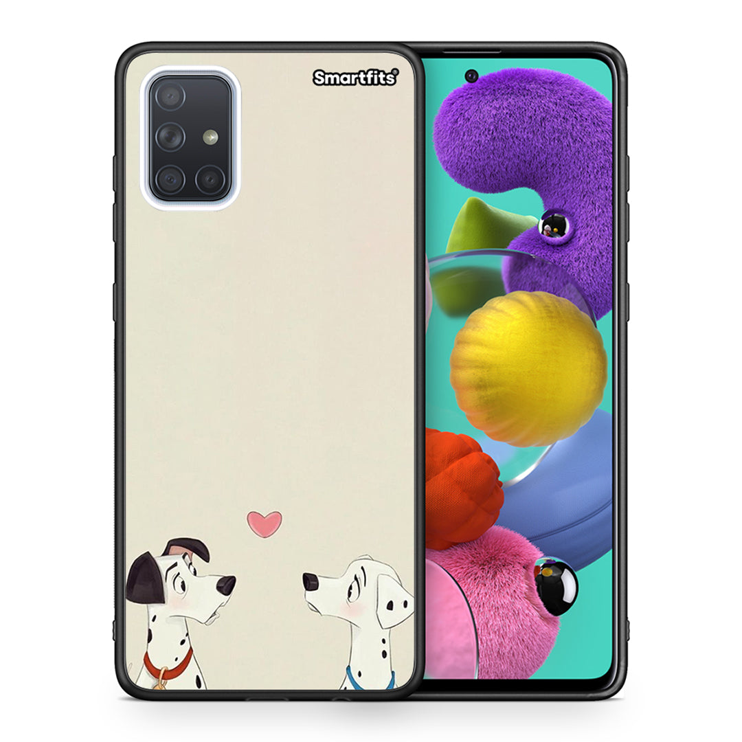 Θήκη Samsung A51 Dalmatians Love από τη Smartfits με σχέδιο στο πίσω μέρος και μαύρο περίβλημα | Samsung A51 Dalmatians Love case with colorful back and black bezels