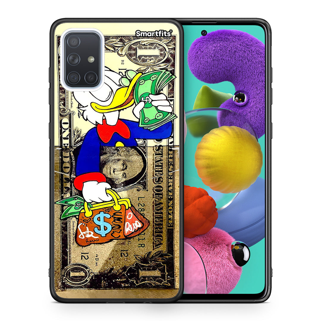 Θήκη Samsung A51 Duck Money από τη Smartfits με σχέδιο στο πίσω μέρος και μαύρο περίβλημα | Samsung A51 Duck Money case with colorful back and black bezels