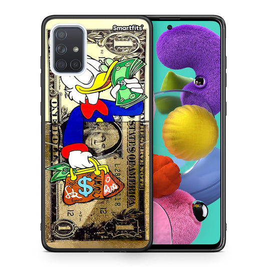 Θήκη Samsung A51 Duck Money από τη Smartfits με σχέδιο στο πίσω μέρος και μαύρο περίβλημα | Samsung A51 Duck Money case with colorful back and black bezels
