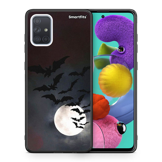 Θήκη Samsung A51 Halloween Bat Night από τη Smartfits με σχέδιο στο πίσω μέρος και μαύρο περίβλημα | Samsung A51 Halloween Bat Night case with colorful back and black bezels