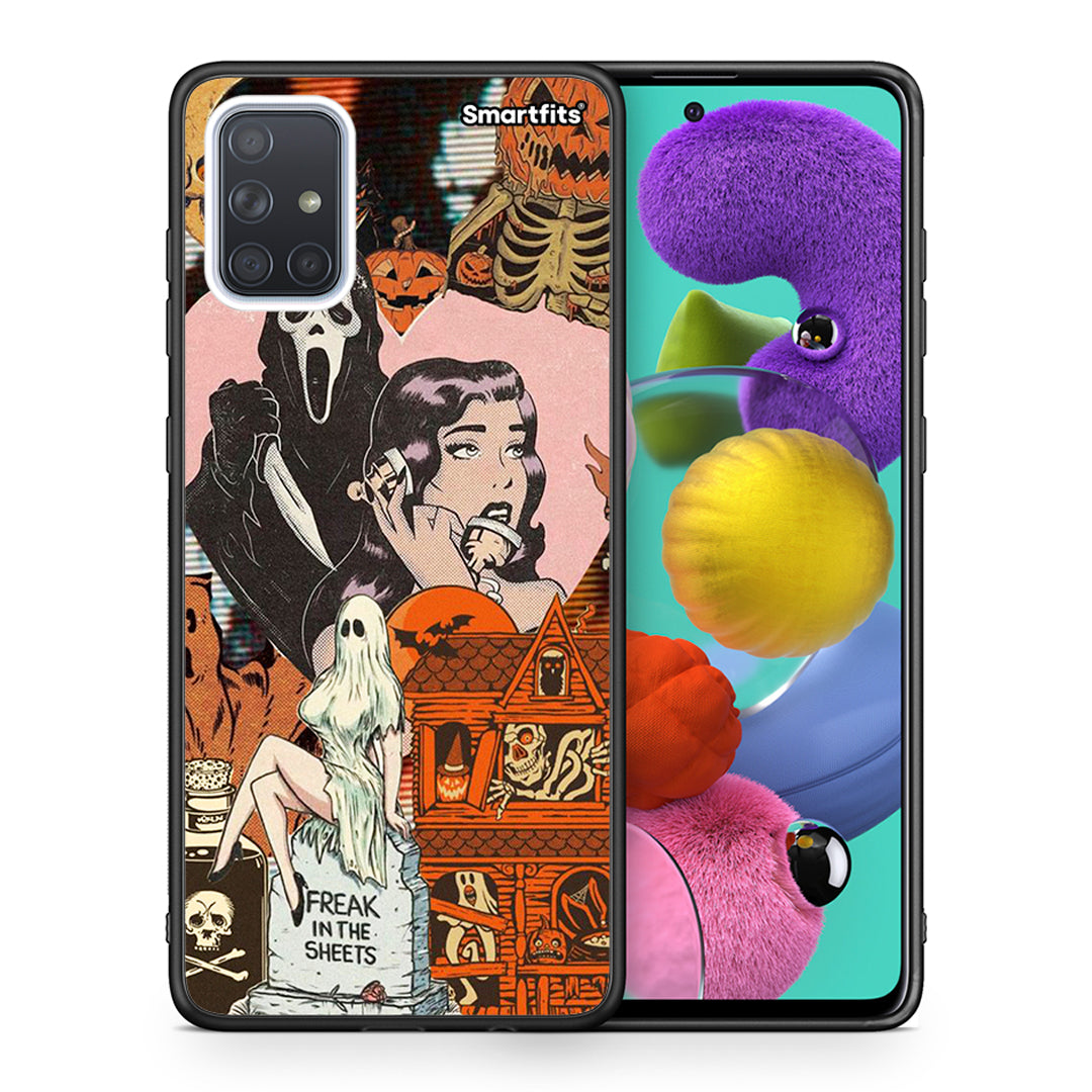 Θήκη Samsung A51 Halloween Collage από τη Smartfits με σχέδιο στο πίσω μέρος και μαύρο περίβλημα | Samsung A51 Halloween Collage case with colorful back and black bezels
