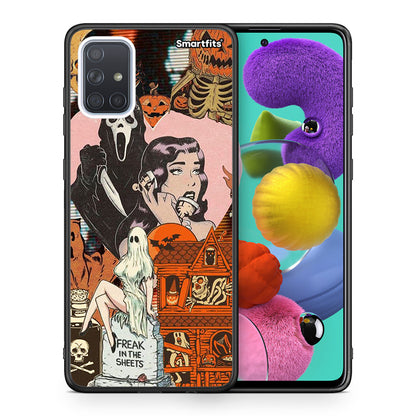 Θήκη Samsung A51 Halloween Collage από τη Smartfits με σχέδιο στο πίσω μέρος και μαύρο περίβλημα | Samsung A51 Halloween Collage case with colorful back and black bezels