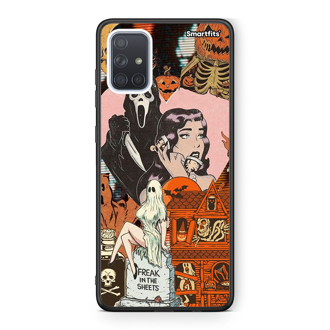 Samsung A51 Halloween Collage Θήκη από τη Smartfits με σχέδιο στο πίσω μέρος και μαύρο περίβλημα | Smartphone case with colorful back and black bezels by Smartfits