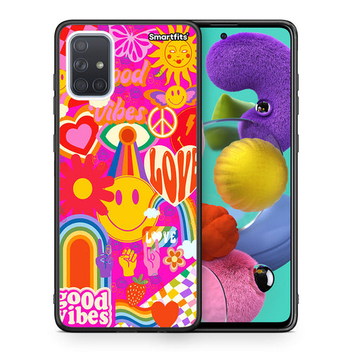 Θήκη Samsung A51 Hippie Love από τη Smartfits με σχέδιο στο πίσω μέρος και μαύρο περίβλημα | Samsung A51 Hippie Love case with colorful back and black bezels