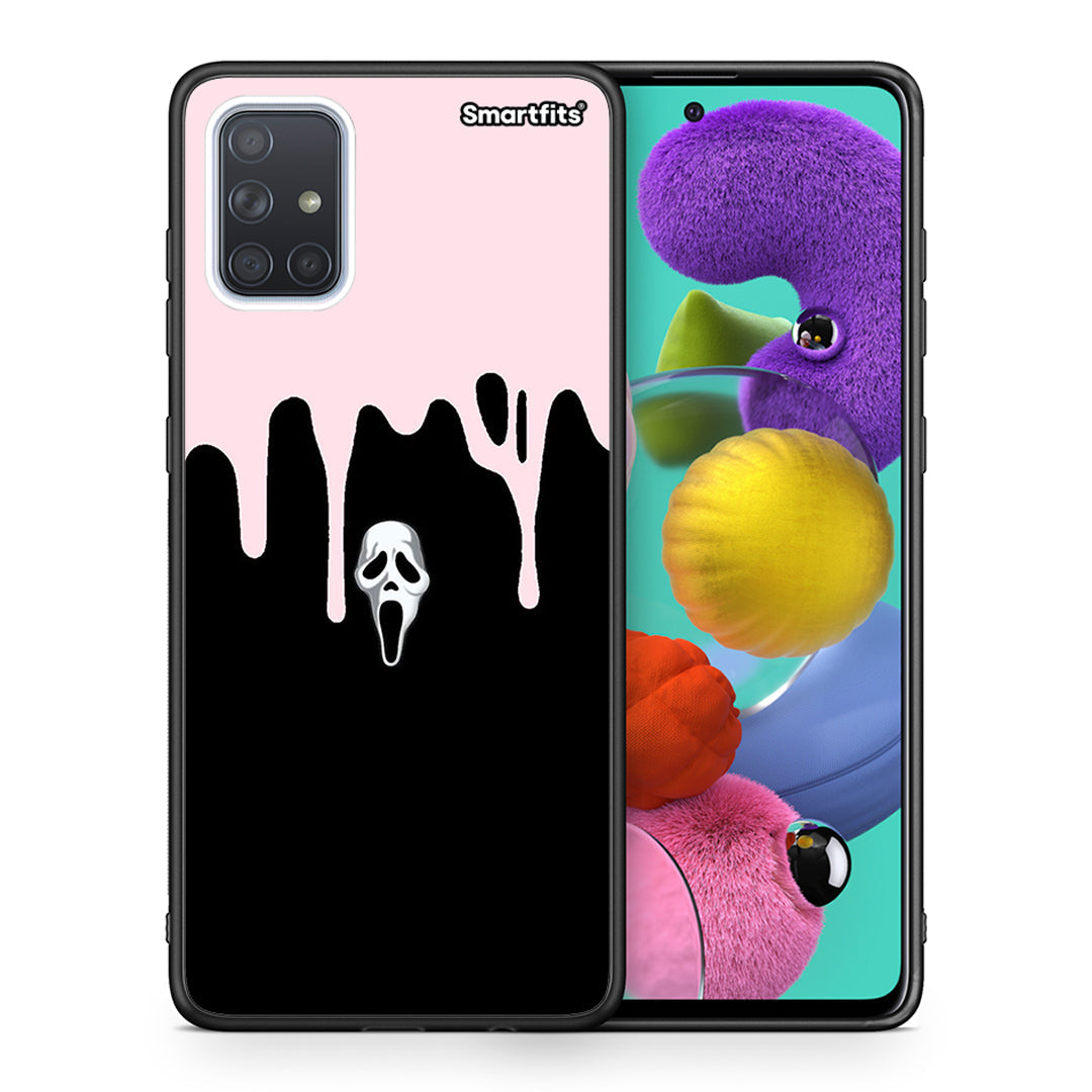 Θήκη Samsung A51 Melting Halloween Mask από τη Smartfits με σχέδιο στο πίσω μέρος και μαύρο περίβλημα | Samsung A51 Melting Halloween Mask case with colorful back and black bezels