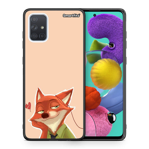 Θήκη Samsung A51 Nick Wilde And Judy Hopps Love 1 από τη Smartfits με σχέδιο στο πίσω μέρος και μαύρο περίβλημα | Samsung A51 Nick Wilde And Judy Hopps Love 1 case with colorful back and black bezels