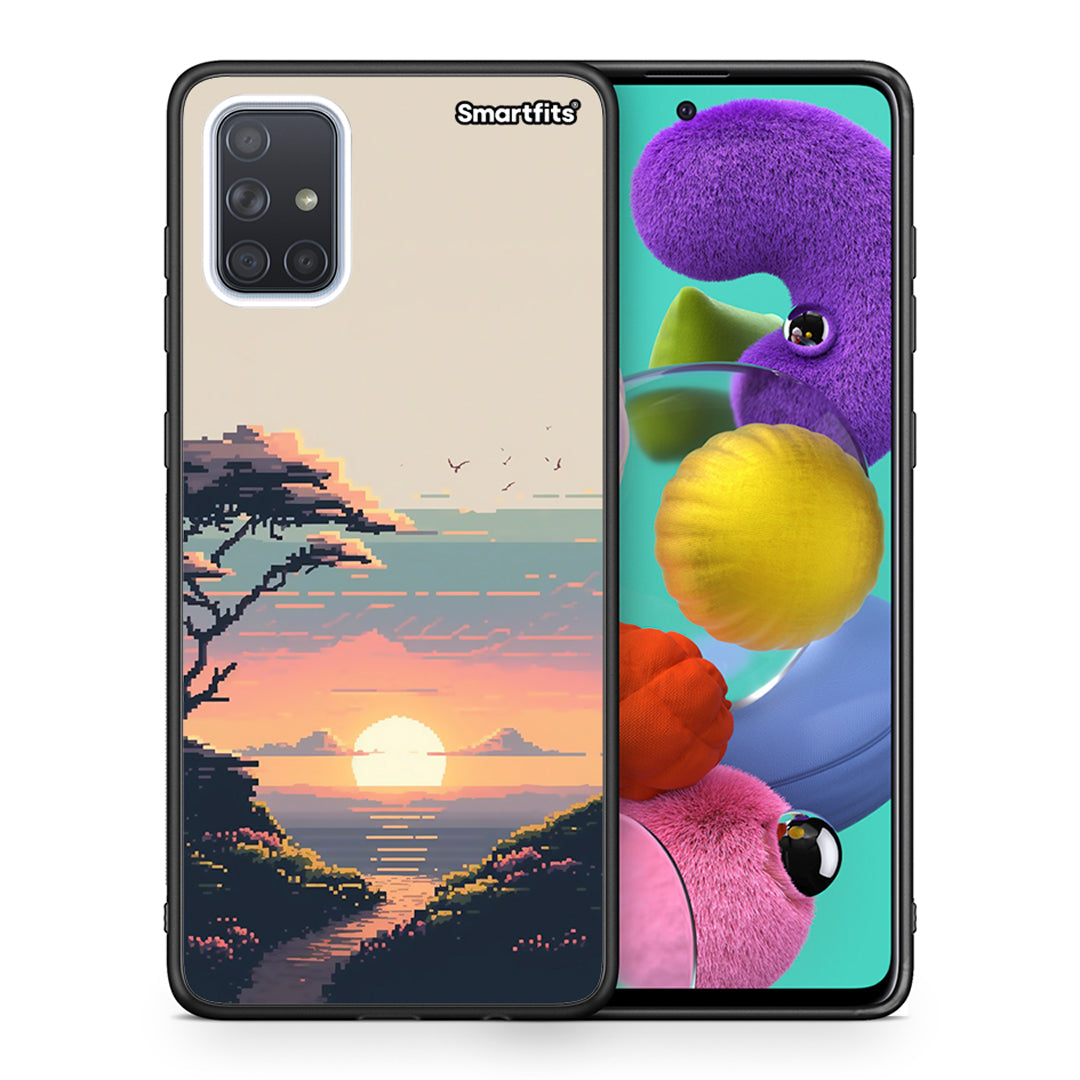 Θήκη Samsung A51 Pixel Sunset από τη Smartfits με σχέδιο στο πίσω μέρος και μαύρο περίβλημα | Samsung A51 Pixel Sunset case with colorful back and black bezels