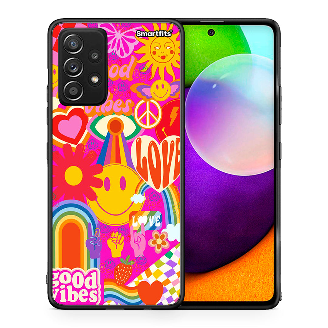 Θήκη Samsung Galaxy A52 Hippie Love από τη Smartfits με σχέδιο στο πίσω μέρος και μαύρο περίβλημα | Samsung Galaxy A52 Hippie Love case with colorful back and black bezels