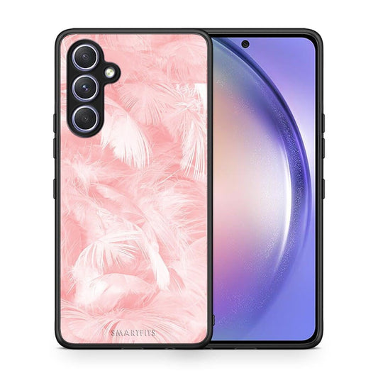 Θήκη Samsung Galaxy A54 Boho Pink Feather από τη Smartfits με σχέδιο στο πίσω μέρος και μαύρο περίβλημα | Samsung Galaxy A54 Boho Pink Feather Case with Colorful Back and Black Bezels