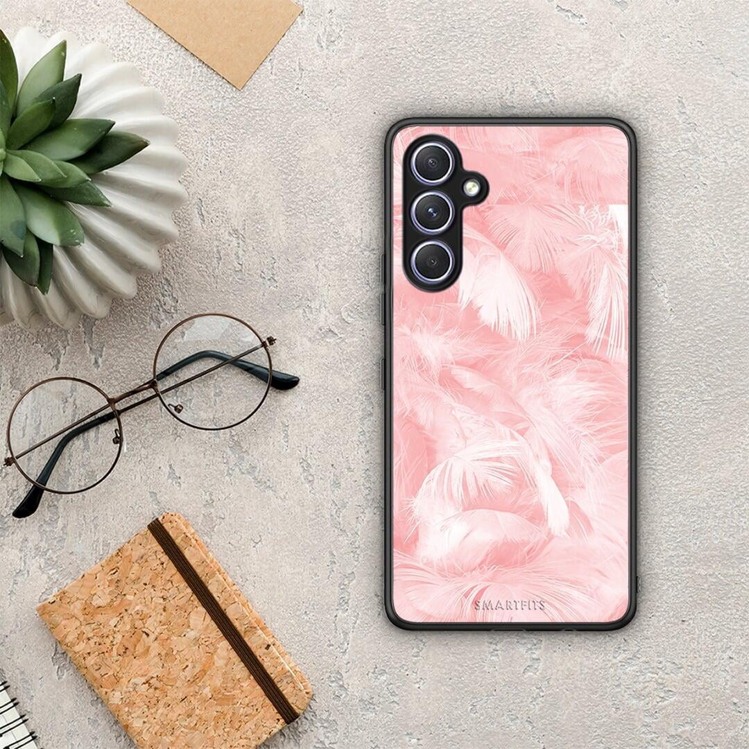 Θήκη Samsung Galaxy A54 Boho Pink Feather από τη Smartfits με σχέδιο στο πίσω μέρος και μαύρο περίβλημα | Samsung Galaxy A54 Boho Pink Feather Case with Colorful Back and Black Bezels