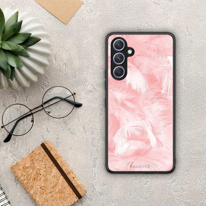 Θήκη Samsung Galaxy A54 Boho Pink Feather από τη Smartfits με σχέδιο στο πίσω μέρος και μαύρο περίβλημα | Samsung Galaxy A54 Boho Pink Feather Case with Colorful Back and Black Bezels