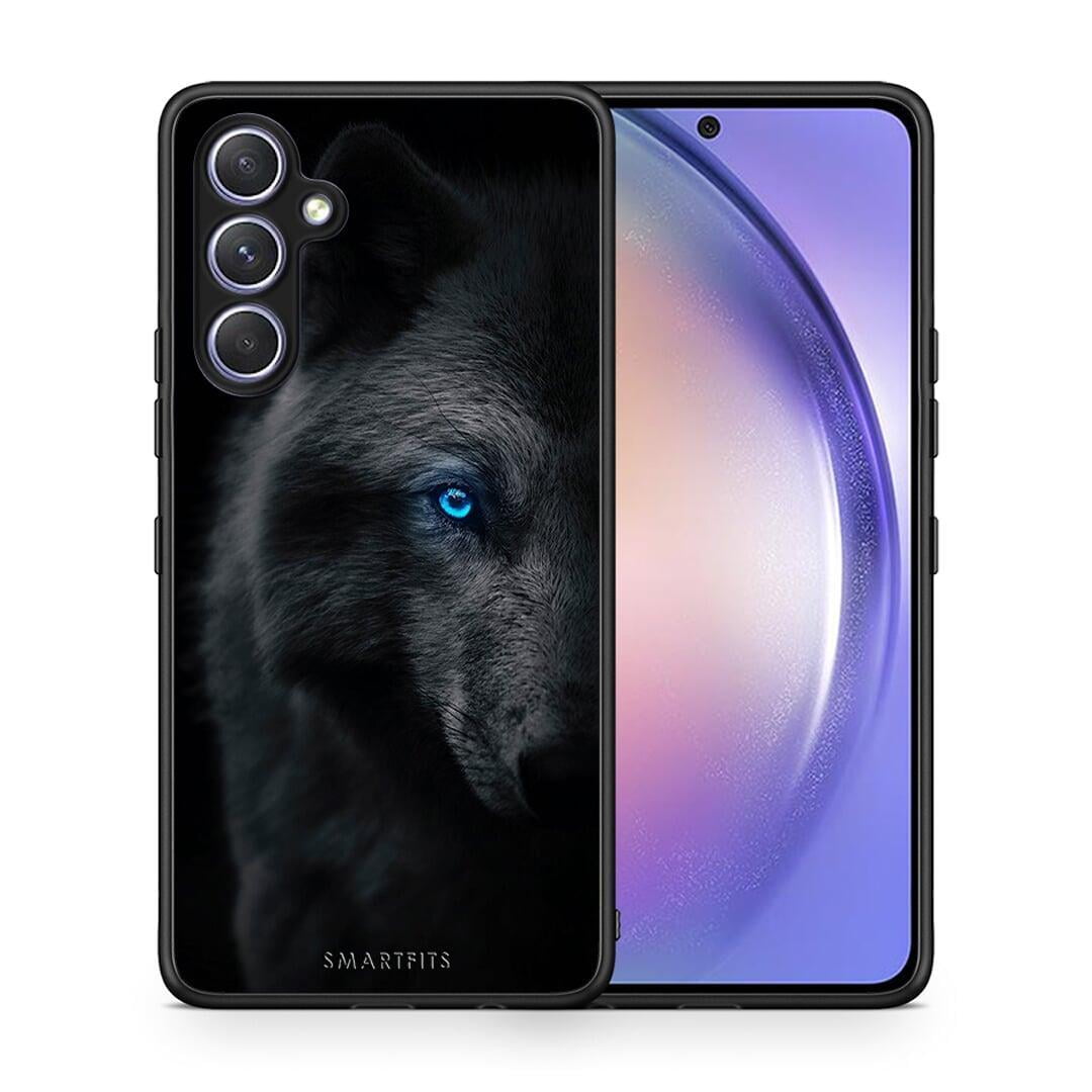 Θήκη Samsung Galaxy A54 Dark Wolf από τη Smartfits με σχέδιο στο πίσω μέρος και μαύρο περίβλημα | Samsung Galaxy A54 Dark Wolf Case with Colorful Back and Black Bezels
