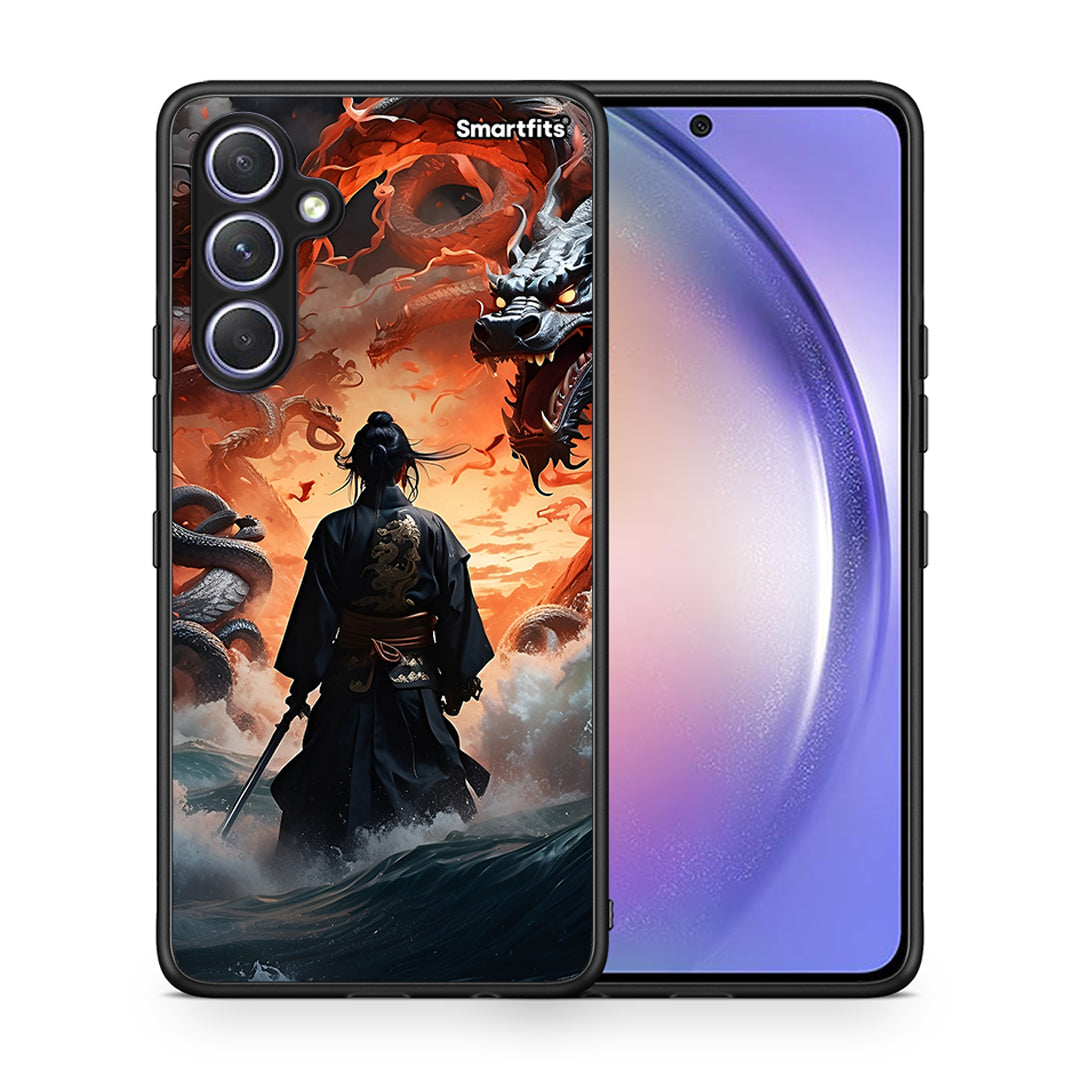 Θήκη Samsung Galaxy A54 Dragons Fight από τη Smartfits με σχέδιο στο πίσω μέρος και μαύρο περίβλημα | Samsung Galaxy A54 Dragons Fight Case with Colorful Back and Black Bezels