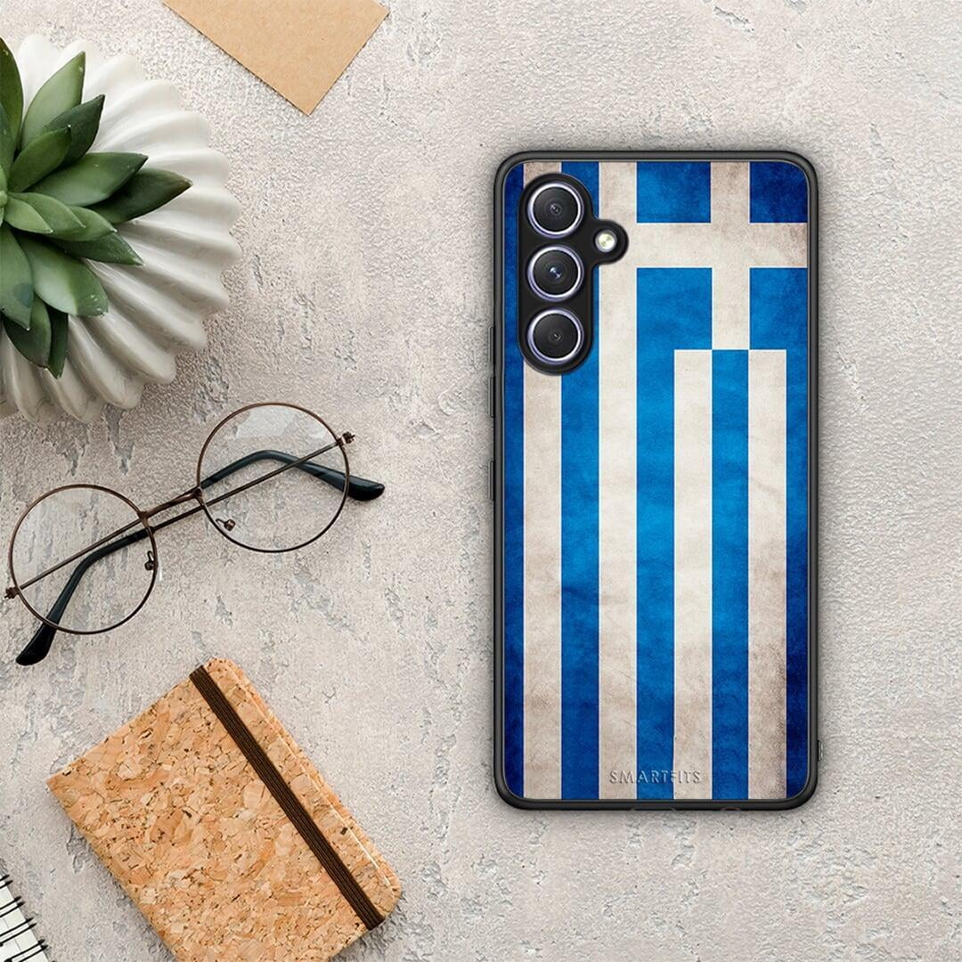Θήκη Samsung Galaxy A54 Flag Greek από τη Smartfits με σχέδιο στο πίσω μέρος και μαύρο περίβλημα | Samsung Galaxy A54 Flag Greek Case with Colorful Back and Black Bezels