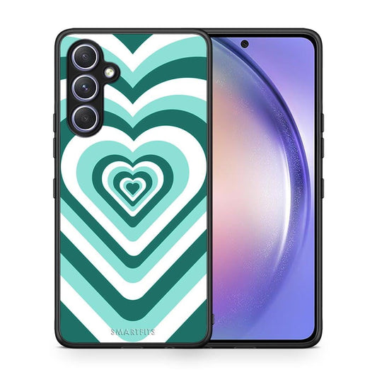 Θήκη Samsung Galaxy A54 Green Hearts από τη Smartfits με σχέδιο στο πίσω μέρος και μαύρο περίβλημα | Samsung Galaxy A54 Green Hearts Case with Colorful Back and Black Bezels