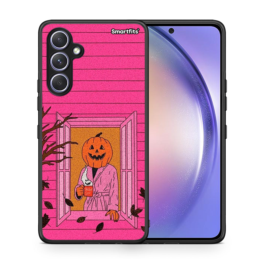 Θήκη Samsung Galaxy A54 Halloween Pumpkin Lady από τη Smartfits με σχέδιο στο πίσω μέρος και μαύρο περίβλημα | Samsung Galaxy A54 Halloween Pumpkin Lady Case with Colorful Back and Black Bezels