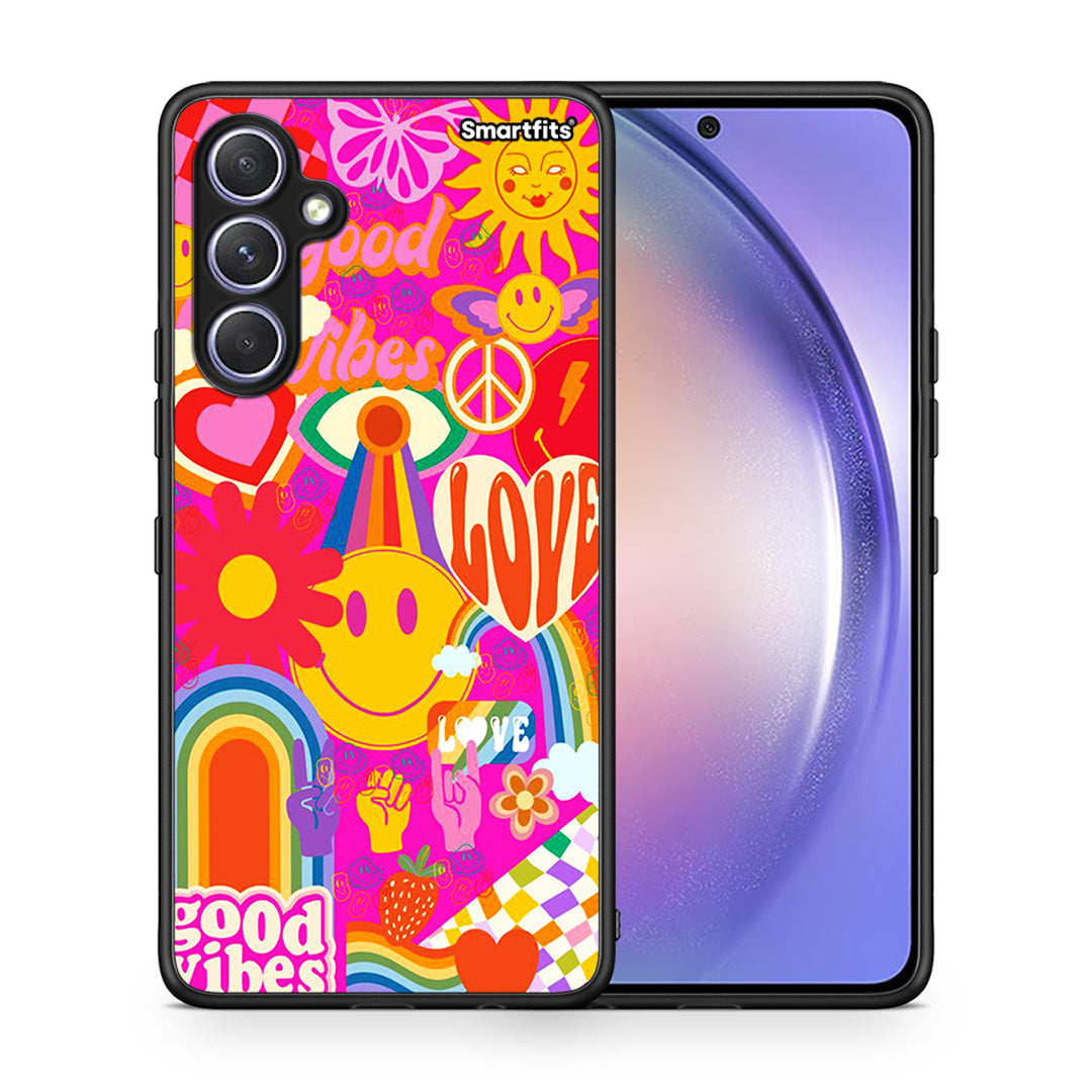 Θήκη Samsung Galaxy A54 Hippie Love από τη Smartfits με σχέδιο στο πίσω μέρος και μαύρο περίβλημα | Samsung Galaxy A54 Hippie Love Case with Colorful Back and Black Bezels
