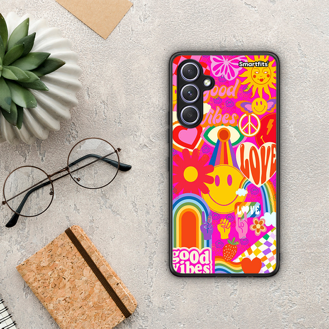 Θήκη Samsung Galaxy A54 Hippie Love από τη Smartfits με σχέδιο στο πίσω μέρος και μαύρο περίβλημα | Samsung Galaxy A54 Hippie Love Case with Colorful Back and Black Bezels