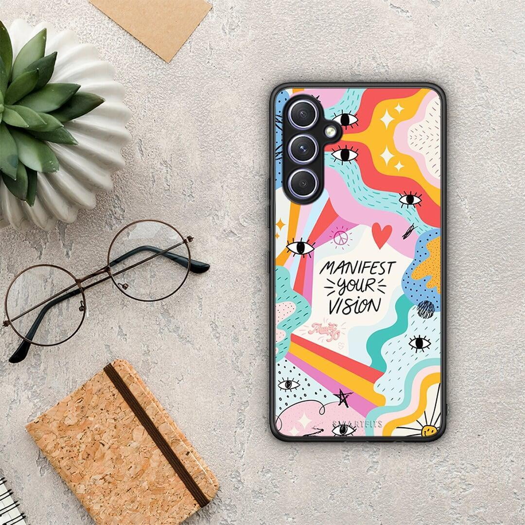 Θήκη Samsung Galaxy A54 Manifest Your Vision από τη Smartfits με σχέδιο στο πίσω μέρος και μαύρο περίβλημα | Samsung Galaxy A54 Manifest Your Vision Case with Colorful Back and Black Bezels