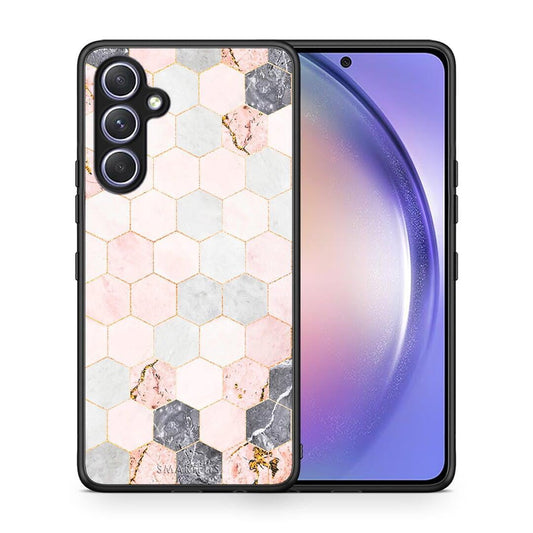 Θήκη Samsung Galaxy A54 Marble Hexagon Pink από τη Smartfits με σχέδιο στο πίσω μέρος και μαύρο περίβλημα | Samsung Galaxy A54 Marble Hexagon Pink Case with Colorful Back and Black Bezels