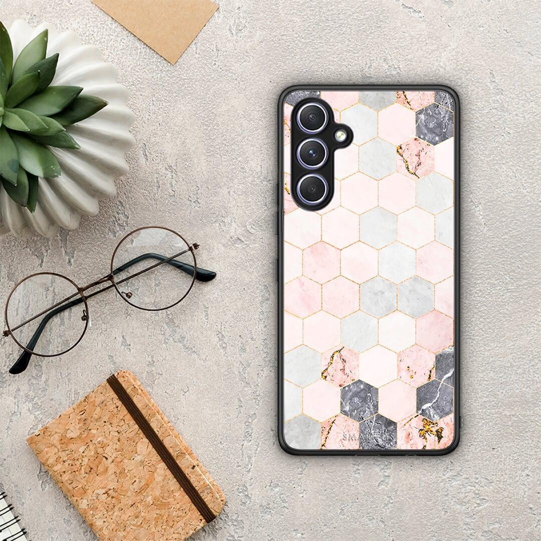 Θήκη Samsung Galaxy A54 Marble Hexagon Pink από τη Smartfits με σχέδιο στο πίσω μέρος και μαύρο περίβλημα | Samsung Galaxy A54 Marble Hexagon Pink Case with Colorful Back and Black Bezels