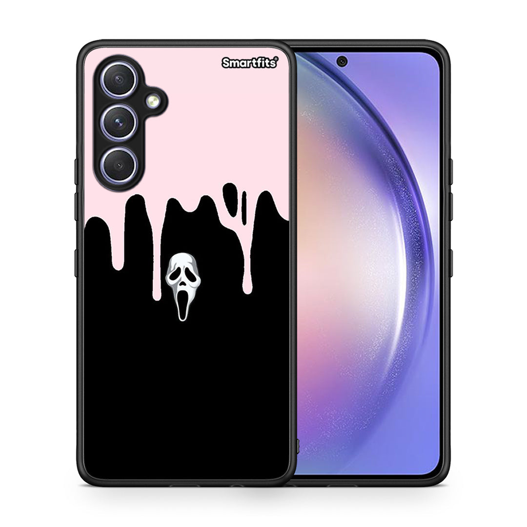 Θήκη Samsung Galaxy A54 Melting Halloween Mask από τη Smartfits με σχέδιο στο πίσω μέρος και μαύρο περίβλημα | Samsung Galaxy A54 Melting Halloween Mask Case with Colorful Back and Black Bezels