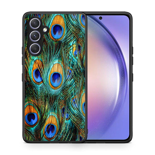 Θήκη Samsung Galaxy A54 Real Peacock Feathers από τη Smartfits με σχέδιο στο πίσω μέρος και μαύρο περίβλημα | Samsung Galaxy A54 Real Peacock Feathers Case with Colorful Back and Black Bezels