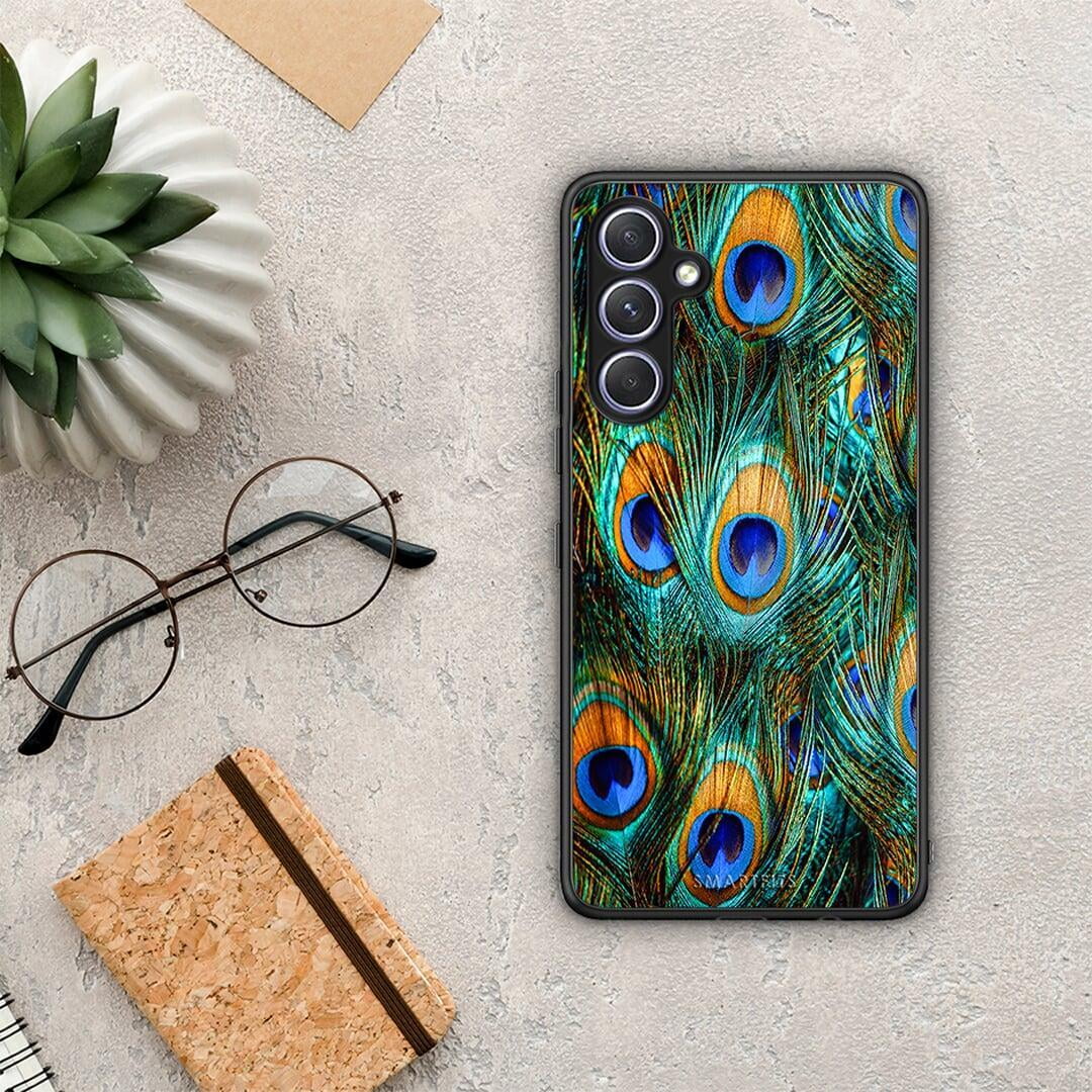 Θήκη Samsung Galaxy A54 Real Peacock Feathers από τη Smartfits με σχέδιο στο πίσω μέρος και μαύρο περίβλημα | Samsung Galaxy A54 Real Peacock Feathers Case with Colorful Back and Black Bezels