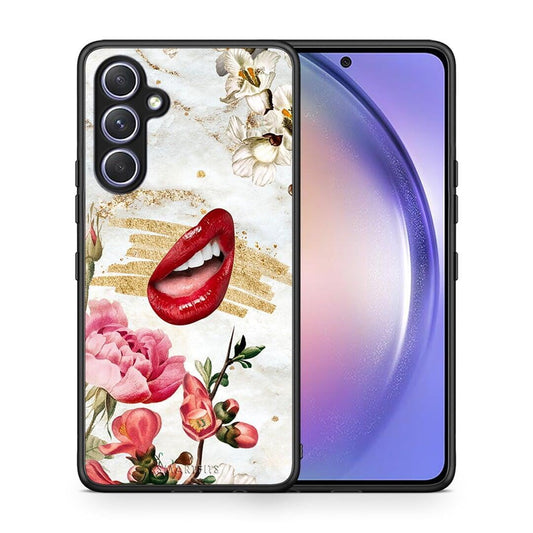 Θήκη Samsung Galaxy A54 Red Lips από τη Smartfits με σχέδιο στο πίσω μέρος και μαύρο περίβλημα | Samsung Galaxy A54 Red Lips Case with Colorful Back and Black Bezels