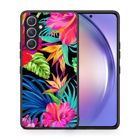 Θήκη Samsung Galaxy A54 Tropical Flowers από τη Smartfits με σχέδιο στο πίσω μέρος και μαύρο περίβλημα | Samsung Galaxy A54 Tropical Flowers Case with Colorful Back and Black Bezels