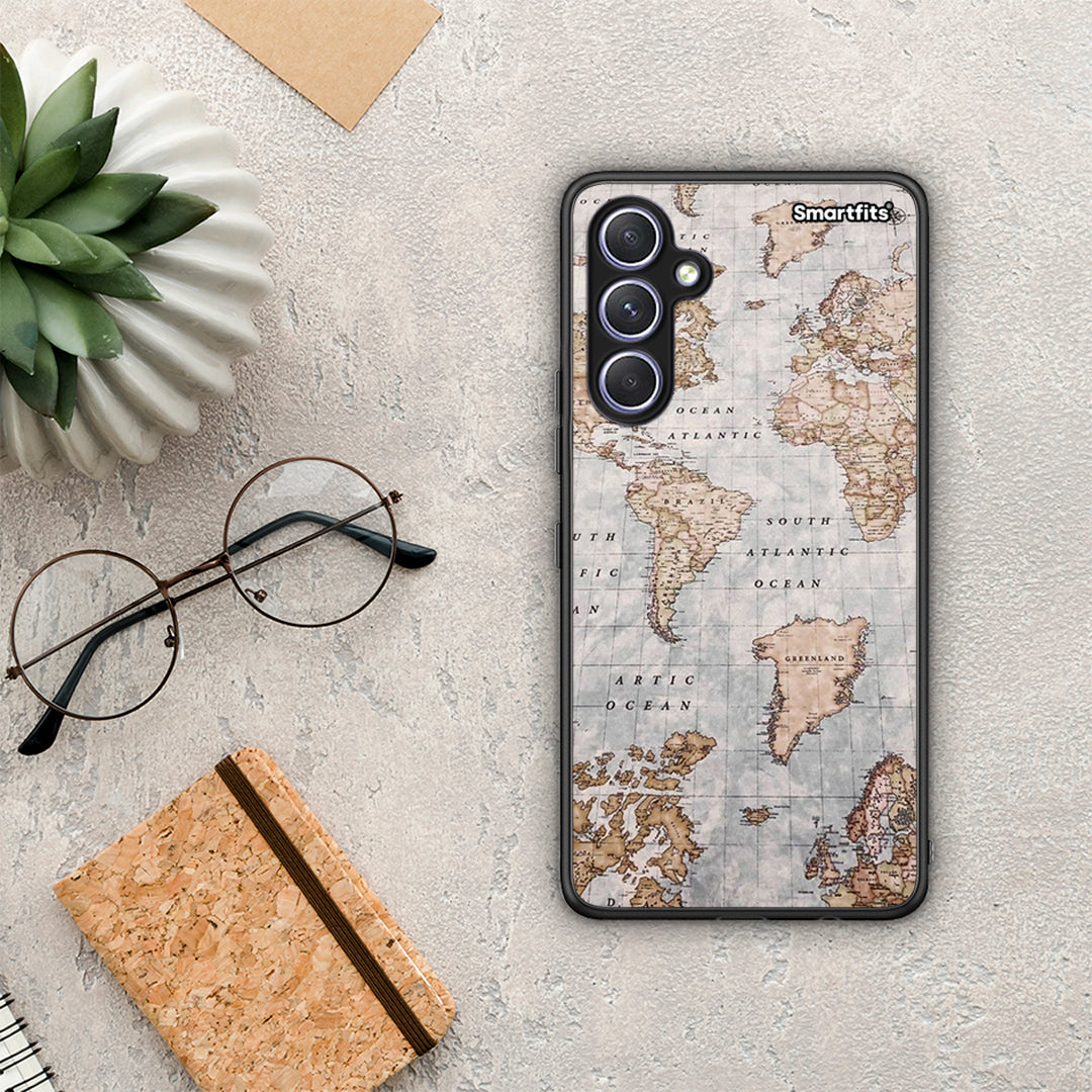 Θήκη Samsung Galaxy A54 World Map από τη Smartfits με σχέδιο στο πίσω μέρος και μαύρο περίβλημα | Samsung Galaxy A54 World Map Case with Colorful Back and Black Bezels