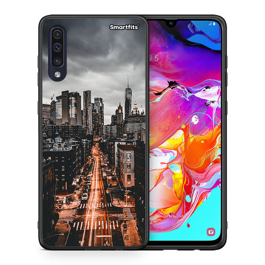 Θήκη Samsung A70 City Lights από τη Smartfits με σχέδιο στο πίσω μέρος και μαύρο περίβλημα | Samsung A70 City Lights case with colorful back and black bezels