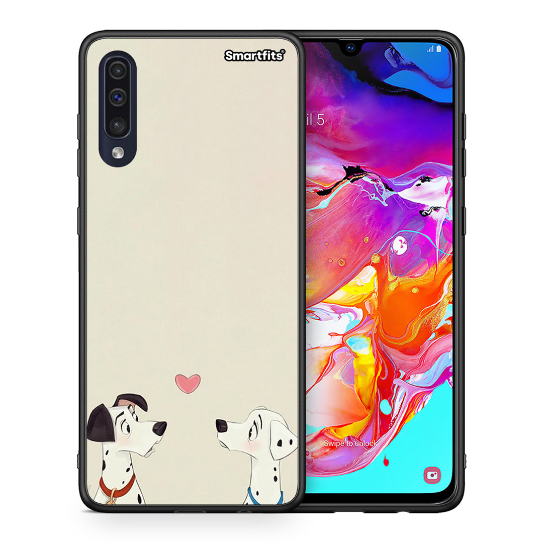 Θήκη Samsung A70 Dalmatians Love από τη Smartfits με σχέδιο στο πίσω μέρος και μαύρο περίβλημα | Samsung A70 Dalmatians Love case with colorful back and black bezels