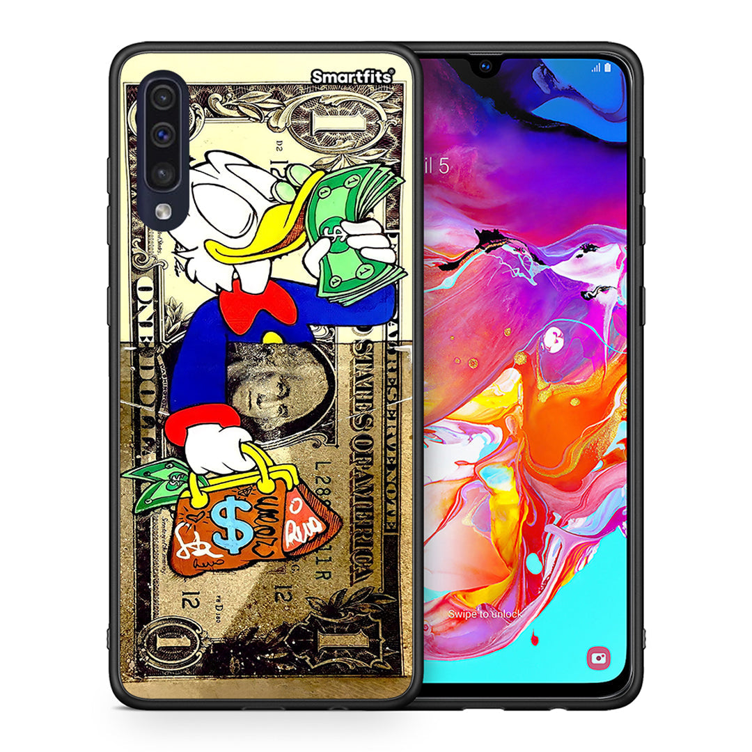 Θήκη Samsung A70 Duck Money από τη Smartfits με σχέδιο στο πίσω μέρος και μαύρο περίβλημα | Samsung A70 Duck Money case with colorful back and black bezels