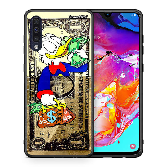 Θήκη Samsung A70 Duck Money από τη Smartfits με σχέδιο στο πίσω μέρος και μαύρο περίβλημα | Samsung A70 Duck Money case with colorful back and black bezels