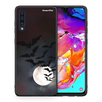Θήκη Samsung A70 Halloween Bat Night από τη Smartfits με σχέδιο στο πίσω μέρος και μαύρο περίβλημα | Samsung A70 Halloween Bat Night case with colorful back and black bezels