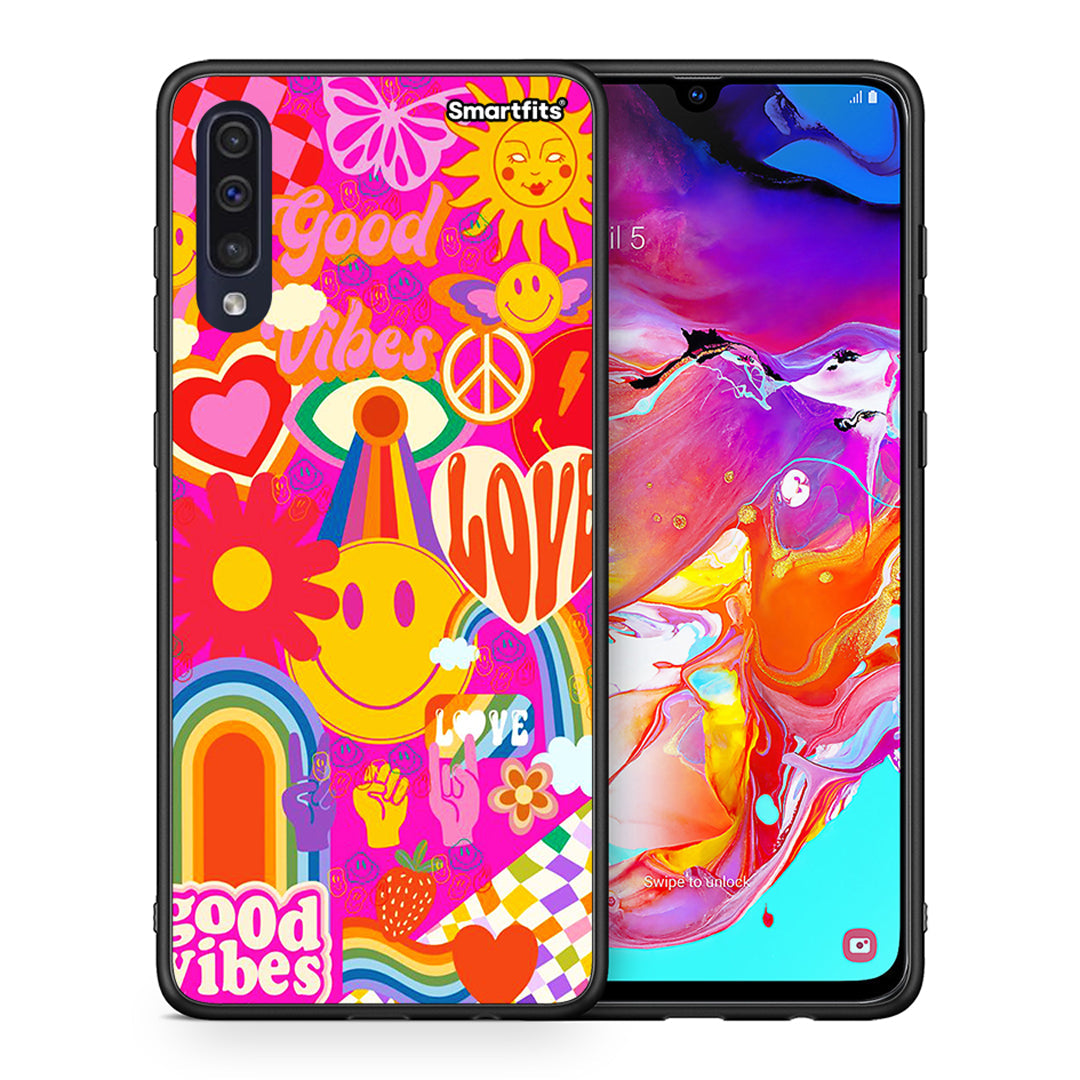 Θήκη Samsung A70 Hippie Love από τη Smartfits με σχέδιο στο πίσω μέρος και μαύρο περίβλημα | Samsung A70 Hippie Love case with colorful back and black bezels