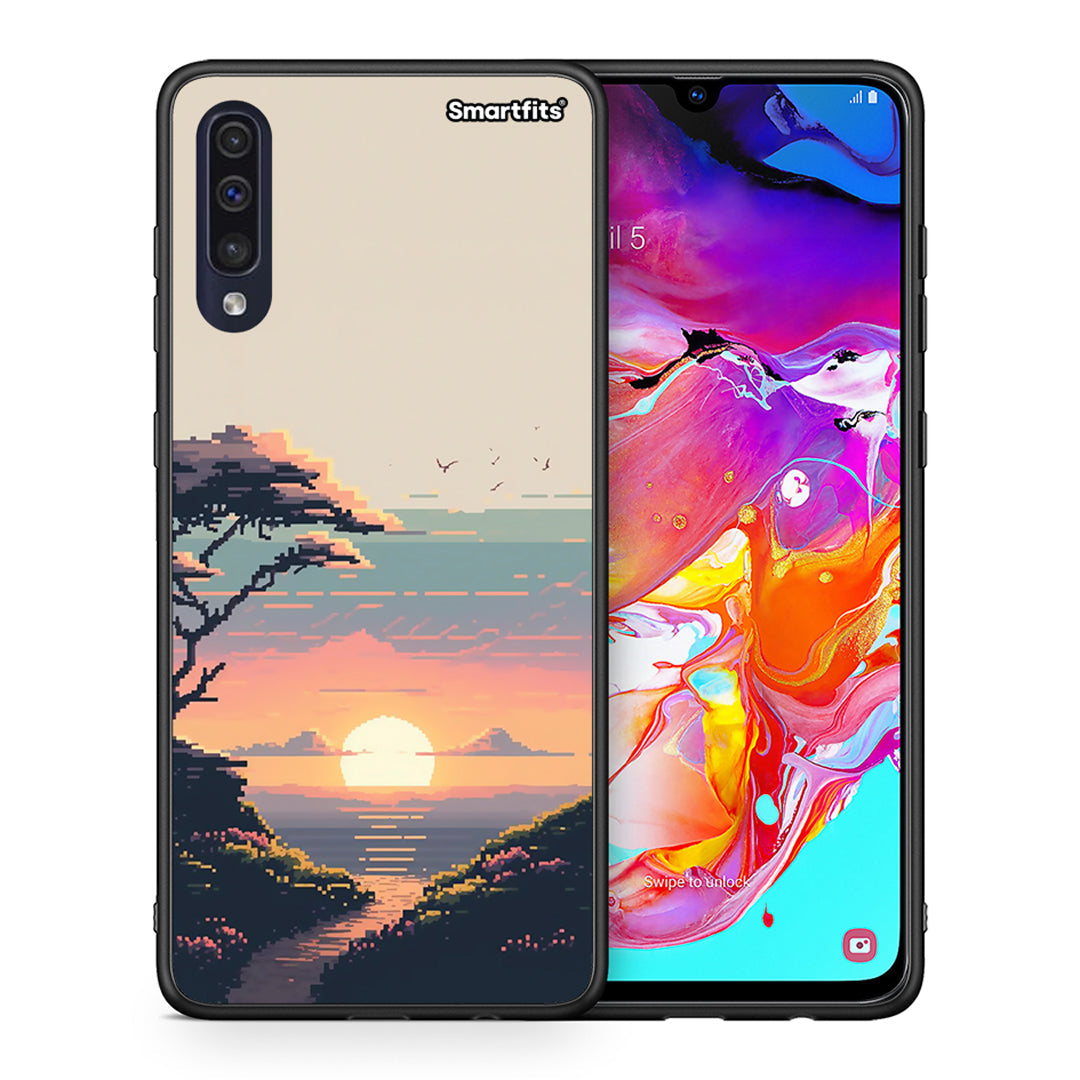 Θήκη Samsung A70 Pixel Sunset από τη Smartfits με σχέδιο στο πίσω μέρος και μαύρο περίβλημα | Samsung A70 Pixel Sunset case with colorful back and black bezels