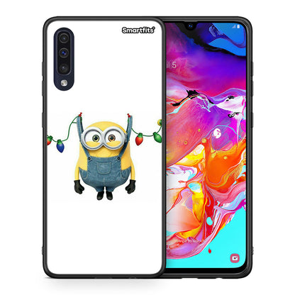 Θήκη Samsung A70 Xmas Minion Lights από τη Smartfits με σχέδιο στο πίσω μέρος και μαύρο περίβλημα | Samsung A70 Xmas Minion Lights case with colorful back and black bezels