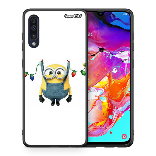 Θήκη Samsung A70 Xmas Minion Lights από τη Smartfits με σχέδιο στο πίσω μέρος και μαύρο περίβλημα | Samsung A70 Xmas Minion Lights case with colorful back and black bezels