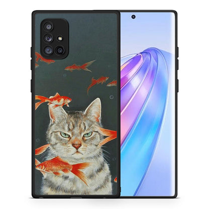 Θήκη Samsung Galaxy A71 5G Cat Goldfish από τη Smartfits με σχέδιο στο πίσω μέρος και μαύρο περίβλημα | Samsung Galaxy A71 5G Cat Goldfish case with colorful back and black bezels